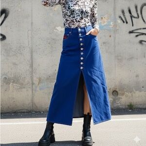 Archival Jean Paul Gaultier 90s Unisex Denim Maxi Skirt High Slit Custom Buttons